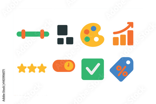 Flat vector icons of product filters and sorting: price slider, size selector, color palette icon, sort by popularity, rating filter, delivery time toggle, availability checkbox, discount only filter.