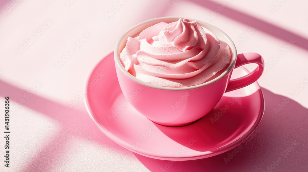 Pink cup with pink whipped cream on a pink saucer and background. Pink cup with pink whipped cream on a pink saucer and background.