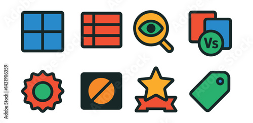 Flat vector icons of product listing features: grid view, list view, quick view icon, compare button, new arrival badge, out of stock label, bestseller icon, featured product tag.