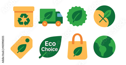 Flat vector icons of eco-friendly shopping: recycled packaging, carbon neutral delivery, green badge, zero-waste icon, sustainable product tag, eco choice leaf, reusable bag, planet-friendly icon.
