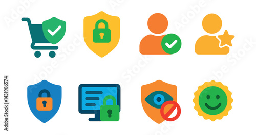 Flat vector icons of user trust and security: secure checkout, SSL badge, verified buyer, trusted seller, privacy shield, data encryption, fraud protection, satisfaction guarantee icon.