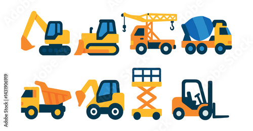 Flat vector icons of construction vehicles: excavator, bulldozer, crane truck, cement mixer, dump truck, mini loader, scaffolding lift, forklift.