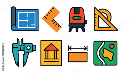 Flat vector icons of technical drawings and measurements: blueprint icon, scale ruler, laser level, angle finder, caliper, construction diagram, dimension icon, site map.