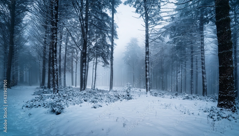 Fototapeta premium foggy winter forest with snow covered ground