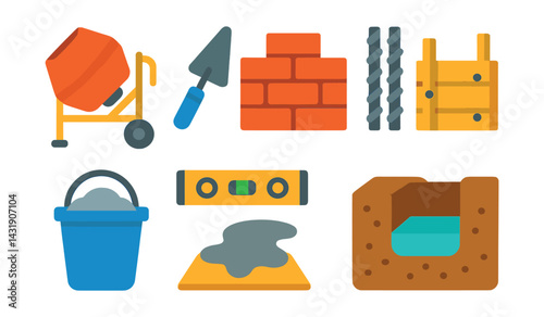 Flat vector icons of masonry and foundation work: concrete mixer, bricklayer trowel, rebar icon, foundation formwork, cement bucket, level tool, wet concrete icon, construction trench.