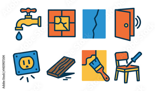 Flat vector icons of DIY home repairs: leaking faucet, broken tile, wall crack, squeaky door, loose outlet, creaky floorboard, paint touch-up, furniture fix.