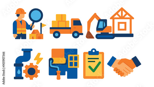 Flat vector icons of construction process stages: site inspection, material delivery, ground work, structural framing, utilities installation, interior work, final inspection, project handover.