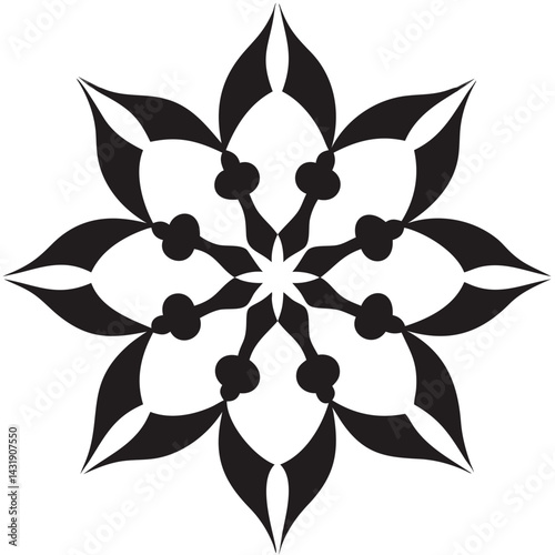 An elegant black and white floral mandala design, radiating symmetry and intricate detail with bold graphic shapes and a minimalist style.