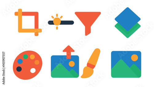 Flat vector icons of photo editing apps: image crop tool, brightness slider, filter icon, layer icon, color palette, export photo, touch-up brush, photo gallery.