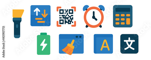 Flat vector icons of utility apps: flashlight icon, unit converter, QR code scanner, calculator, alarm clock, battery saver, file cleaner, language translator.