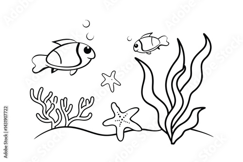 Undersea world with cartoon fish starfish algae and corals hand drawn in black and white