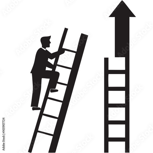 A businessman climbs a leaning ladder towards an upward arrow, symbolizing ambition and the challenges of upward mobility in a stark black and white illustration.