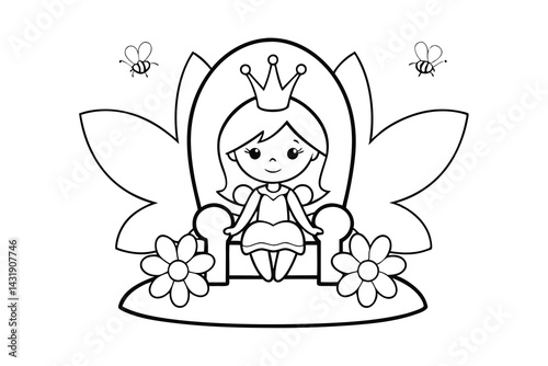 Cute cartoon fairy princess on throne coloring page with bees and flowers decoration