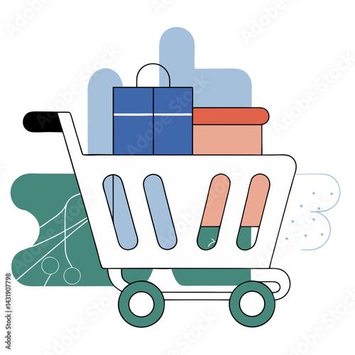 A cheerful shopping cart filled with gifts speeding towards a joyful purchase with a vibrant teal and blue background.