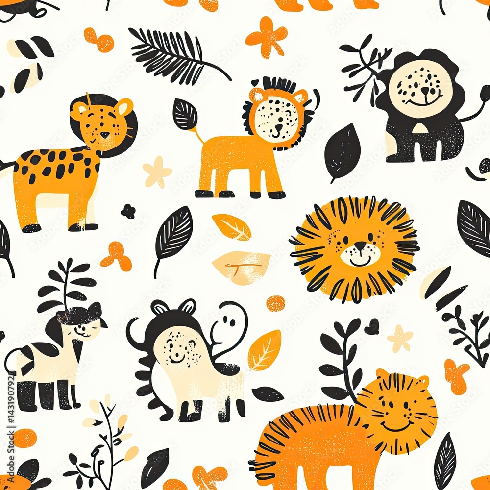 Naklejka premium Adorable Jungle Animals Seamless Pattern: Orange and Black Cute Lions, Tigers, and Zebras in a Whimsical Design for Kids