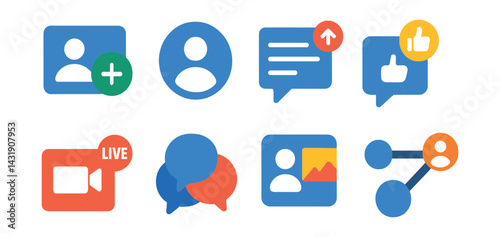 Flat vector icons of social interaction apps: friend request icon, profile avatar, status update, message reaction, live video icon, group chat bubble, user feed icon, connection suggestion.