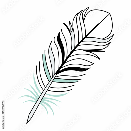 A single elegant feather, softly shaded in calming mint and black, rests gracefully against a pristine white background, evoking peace and quiet contemplation.
