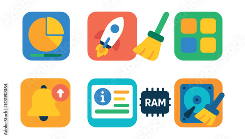 Flat vector icons of mobile system tools: storage usage icon, performance booster, cache cleaner, app manager, update notifier, system info panel, RAM monitor, disk cleanup icon.