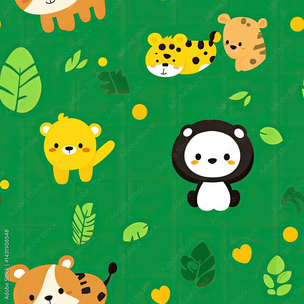 Naklejka premium Adorable Cartoon Animals in a Lush Green Jungle Paradise: A Delightful Children's Illustration