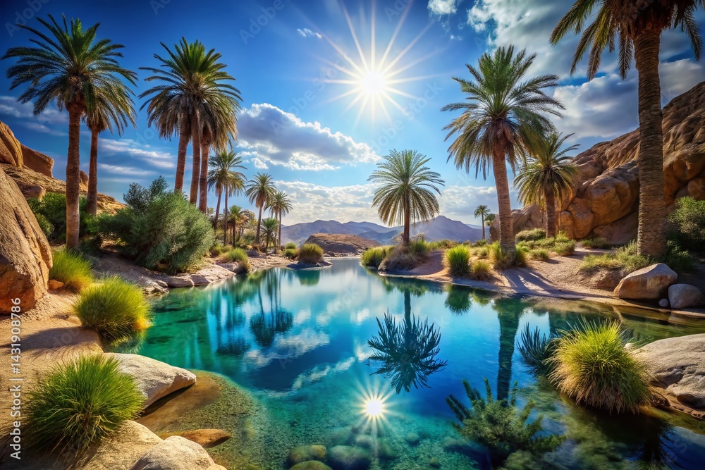 Surreal Desert Oasis: Sparkling Waterhole & Palm Trees Surreal Desert Oasis: Sparkling Waterhole & Palm Trees