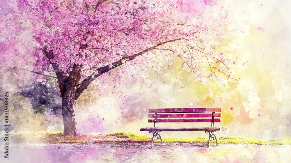 Obraz premium Peaceful cherry blossom park bench scene.