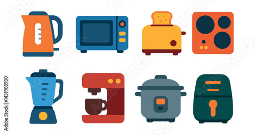 Flat vector icons of kitchen appliances: electric kettle, microwave oven, toaster, induction cooktop, blender, coffee machine, rice cooker, air fryer.