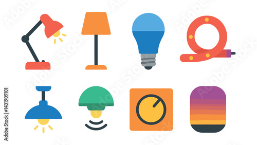 Flat vector icons of home lighting devices: desk lamp, floor lamp, LED bulb, smart light strip, ceiling light, motion sensor lamp, dimmer switch, mood lighting.