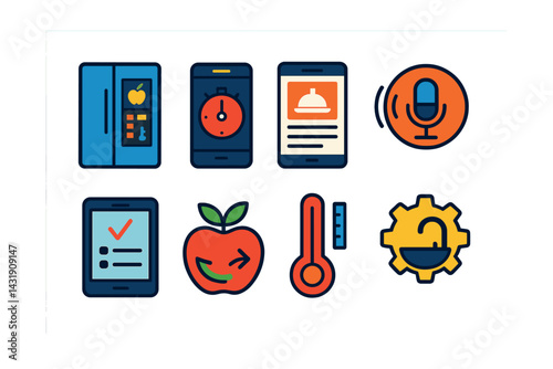 smart kitchen features: smart fridge panel, cooking timer app, recipe screen, voice control icon, shopping list display, food freshness icon, temperature monitor, kitchen automation.