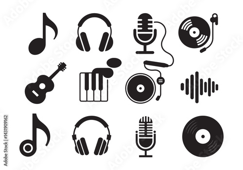 Music and audio icons instruments, microphones, vinyl, headphones, music notes, piano keys vector