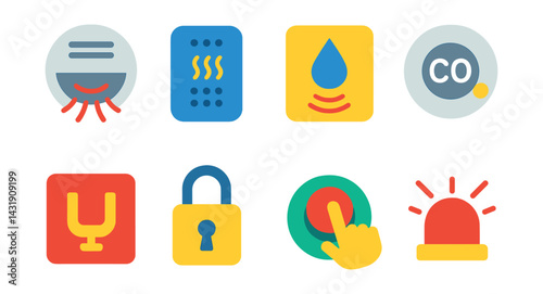Flat vector icons of home safety appliances: smoke detector, gas leak sensor, water leakage alarm, carbon monoxide detector, emergency shutoff, safety lock icon, childproof button, alert buzzer.