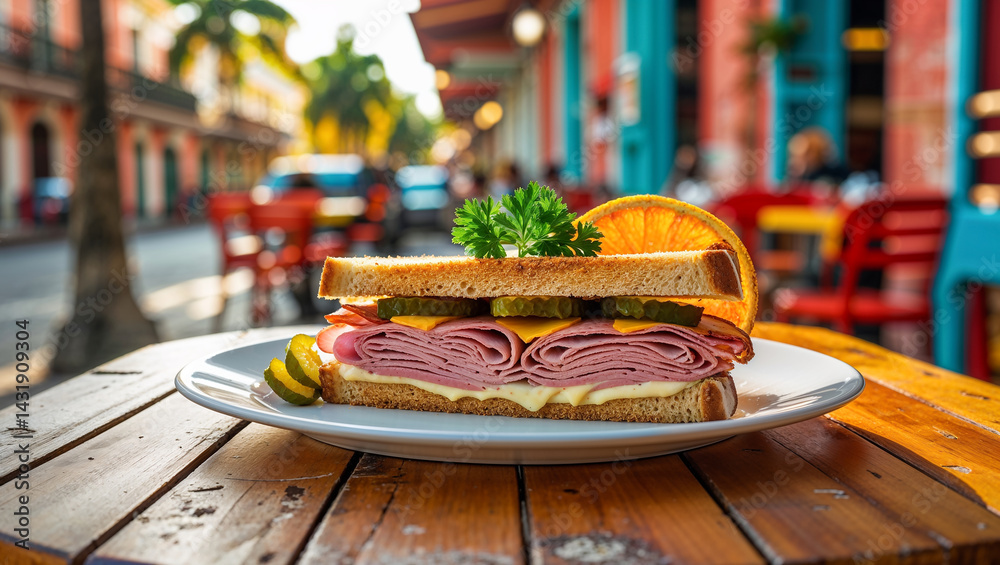 tasty sandwich on a table in a street cafe, Cuba traditional food