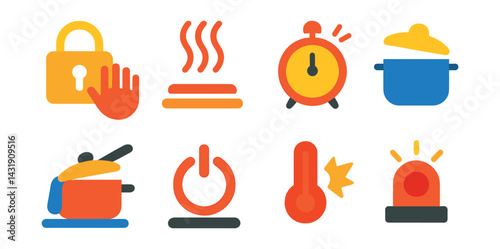 Flat vector icons of kitchen safety features: child lock, hot surface indicator, timer alert, lid sensor, spill prevention icon, auto shut-off, overheating protection, cooking alert light.