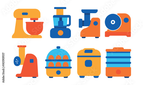 Flat vector icons of kitchen food prep devices: stand mixer, food processor, meat grinder, slicer, electric grater, egg cooker, bread maker, dehydrator.