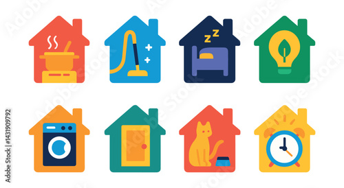 Flat vector icons of smart home scenes for appliances: cooking mode, cleaning routine, sleep scene, energy saver mode, laundry day, away mode, pet care routine, wake-up program.