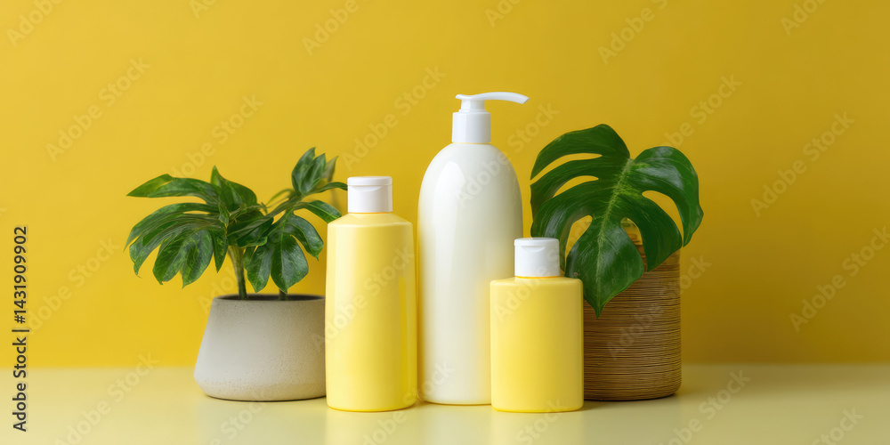 Three yellow bottles of various sizes are placed between two green potted plants, all set against a vibrant yellow backdrop. The bottles have white caps, including a pump dispenser Three yellow bottles of various sizes are placed between two green potted plants, all set against a vibrant yellow backdrop. The bottles have white caps, including a pump dispenser