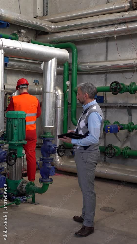Production Manager with Digital Tablet Supervising Factory Workers in Mechanical Room. District Heating Plant. Engineer with Digital Tablet Checking Work Progress in a Factory. Industry 4.0. Production Manager with Digital Tablet Supervising Factory Workers in Mechanical Room. District Heating Plant. Engineer with Digital Tablet Checking Work Progress in a Factory. Industry 4.0.