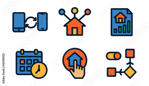 integrated home systems: multi-device sync, whole-home automation, zone management icon, energy report overview, routine scheduling, central control icon, quick toggle, scenario builder.