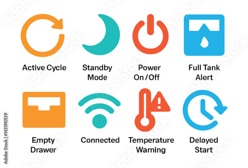 Flat vector icons of appliance status indicators: active cycle icon, standby mode, power on/off button, full tank alert, empty drawer icon, connected status, temperature warning, delayed start.