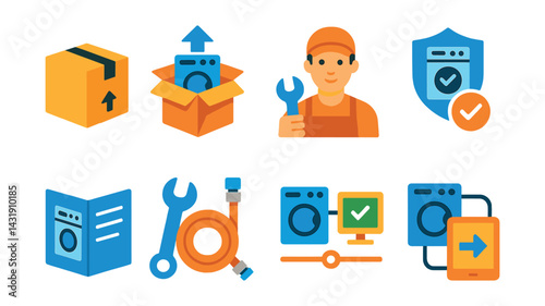 Flat vector icons of appliance purchase and setup: delivery box, unboxing icon, setup assistant, warranty registration, user manual, installation kit, compatibility check, first-time setup.