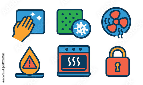 Flat vector icons of kitchen hygiene and care: surface cleaning mode, anti-bacterial filter, odor removal fan, steam clean icon, water filter alert, spill detection, self-cleaning oven, hygiene lock.