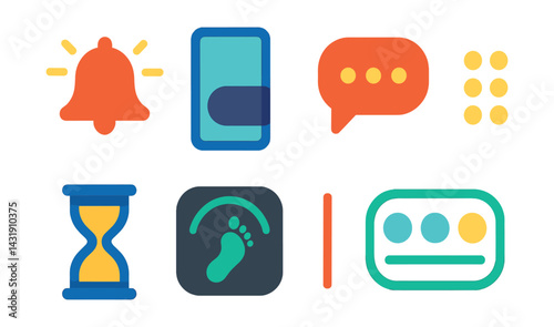 visual cues for digital habits: glowing alert icon, subtle screen overlay, usage bubble with dots, micro-break dot pattern, minimal usage hourglass, digital step counter, micro pause line