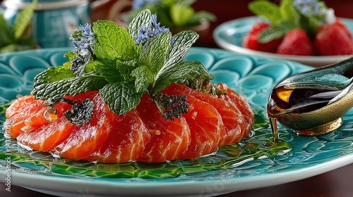 Delicate crudo of arctic char with yuzu and basil oil on mint-colored plate photo