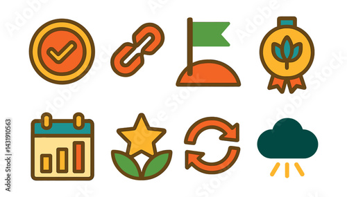 motivation for mindful use: goal reached badge, break streak icon, progress milestone, mindful moment medal, daily effort tracker, balanced routine star, streak reset icon, calming achievement icon.