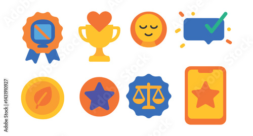 rewards for healthy usage: badge for low screen day, balanced day trophy, mindful streak award, habit coin icon, screen-free bonus star, gentle congratulations popup, balance badge set