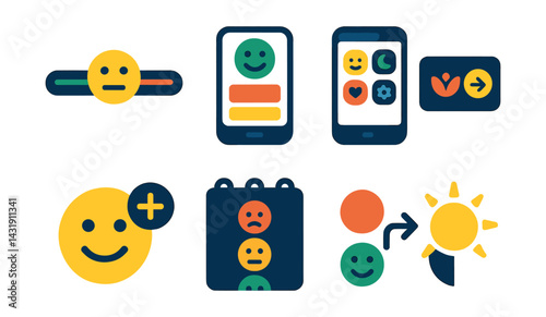 mood-based tech interactions: feeling check-in slider, color-coded usage suggestion, mood-specific app access, stress reduction prompt, happy face limit extension, mood history icon, emotion-usage