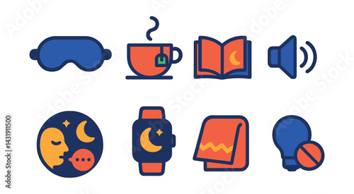 Flat vector icons of sleep and rest routines: sleep mask, bedtime tea cup, wind-down reading, white noise icon, nighttime reflection, sleep tracker, cozy blanket icon, lights off symbol.