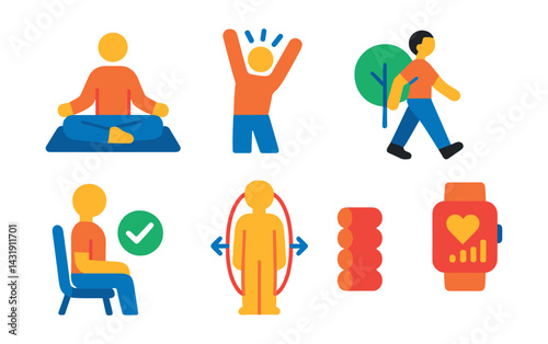 Flat vector icons of movement and body awareness: gentle yoga pose icon, morning stretch, mindful walk, breathing exercise symbol, posture reminder, body scan icon, foam roller, light workout tracker.