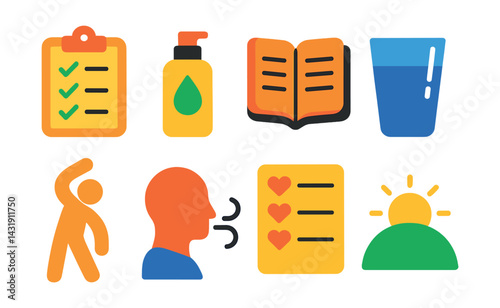 Flat vector icons of daily self-care habits: morning routine checklist, skincare bottle, journal entry icon, hydration glass, stretching icon, deep breath symbol, gratitude list, calm start icon.