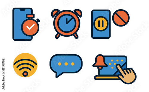 technology boundaries for self-care: phone timer icon, screen-free hour, app pause symbol, notification off icon, offline moment, quiet mode bubble, mindful scroll icon, tech-free zone.