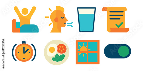 cons of mindful mornings: wake-up stretch icon, sunrise breathing, glass of water, affirmations scroll, soft alarm symbol, healthy breakfast plate, natural light exposure, calm start toggle.